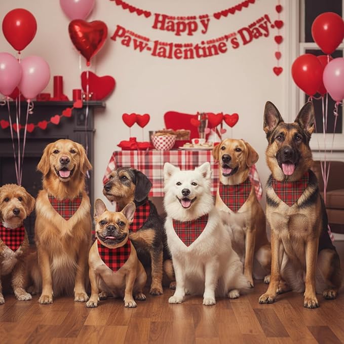 Weewooday 50 Pcs Valentine's Day Red Plaid Dog Bandanas Bulk for Dogs Soft Bibs Adjustable Triangle Bandana for Small Medium Large Pet Costume(25.6 x 17.7 x 17.7 Inch)