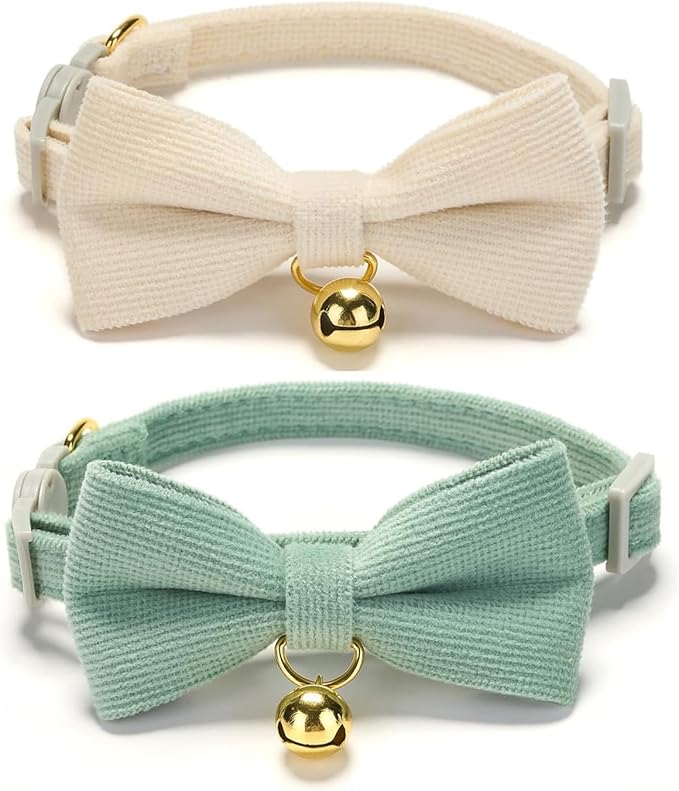 Soft Corduroy Cat Collar, Plaid Pattern, with Bell and Bowtie, Quick Release,Safety Breakaway Clasp, Adjustable for Kitten and Cats.(White+Green)