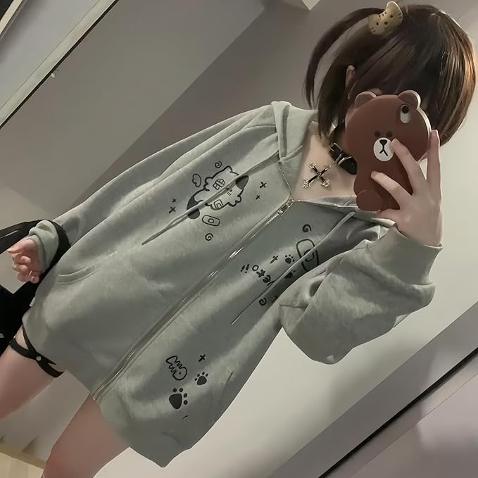Womens Y2K Zip Up Cute Graphic Hoodies Cat Ears Casual Cartoon Harajuku Kawaii Clothes Oversize Streetwear Jacket