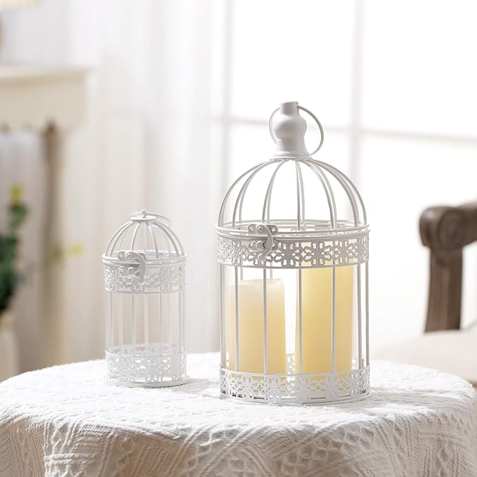 Sliner 4 Pcs Birdcage Candle Holder Valentine Decorative Bird Cages for Weddings Vintage Candlestick Holders Metal Lanterns Model Wedding Candle Centerpieces for Tables Valentine Home Decor(White)