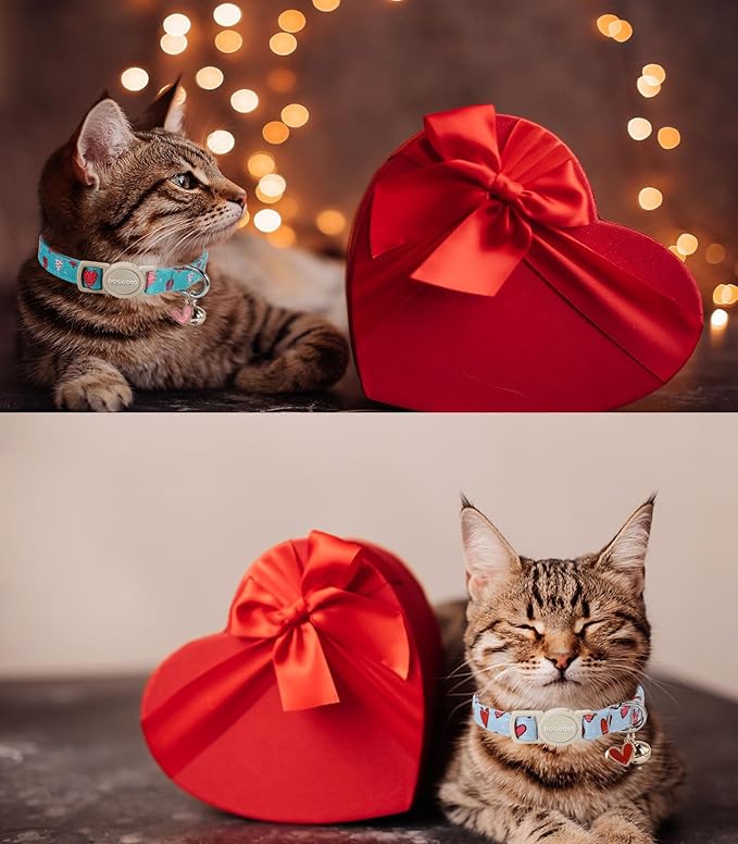 Cat Collar,2 Pack Cat Collars Breakaway with Bell, DOGWONG Safety Buckle Valentine's Day Cat Collar Blue Heart for Girl Boy Cats and Small Dogs，Adjustable 7-12 Inch,Pet Supplies Accessories