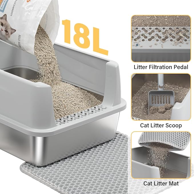 Stainless Steel Litter Box with Lid,Open Top Low Entry Litter Box, Metal Kitty Litter Box for Medium/Small Cats,Odor Control,Anti-Leakage, Non-Sticky, Includes Mat&Scoop,17.5x13.6x8in,