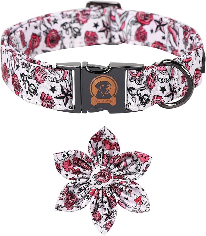 MR. CHUBBYFACE Valentine's Dog Collar with Flower-Cute Pink Rose Cotton Dog Collar, Adjustable Valentine's Boy Girl Dog Collars with Metal Buckle for Small Medium Large Dogs