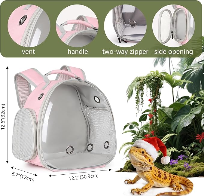 Hamster Backpack Carrier, Bearded Dragon Carrier Backpack with Clear Bubble Window,Small Animal Travel Backpack for Hedgehog Rat,Chameleon,Rabbit,Sugar Glider,Airline Approved (Pink, Backpack)