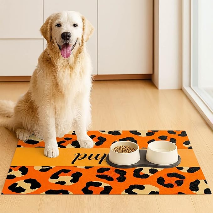 Puppy Feeding Mat 24x16 inch Orange Leopard Print Pet Bowl Placemat Non Slip Floor Mat for Food and Water Indoor Dog Feeding Station Cute Meal Pad for Small Pets Kitchen Use
