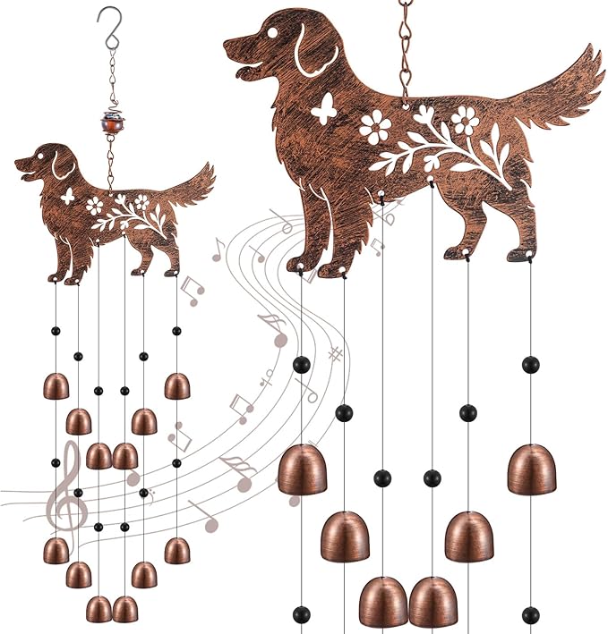 24 Inch Metal Wind Chimes Decor for Outside Garden Birthday Gift for Women Men Bronze Windchimes Pet Memorial Gift with 12 Bell for Patio Yard Lawn Housewarming Front Yard(Golden Retriever)
