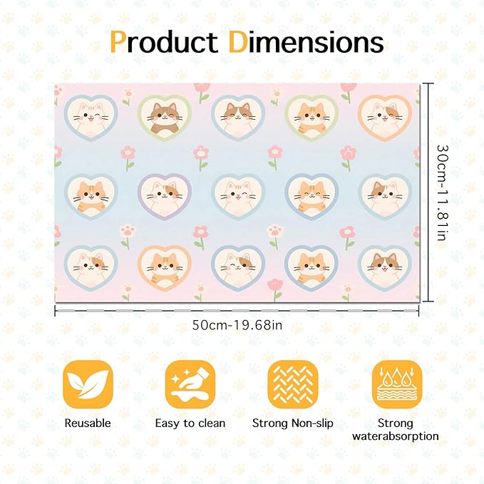 Cat Feedings Mats 20x12 inch Pastel Heart Kitten Print Pet Bowl Placemat Non Slip Mat for Dog Food and Water Indoor Kitty Feeding Station Cute Cats Meal Mat for Small Pets Kitchen Floor Use