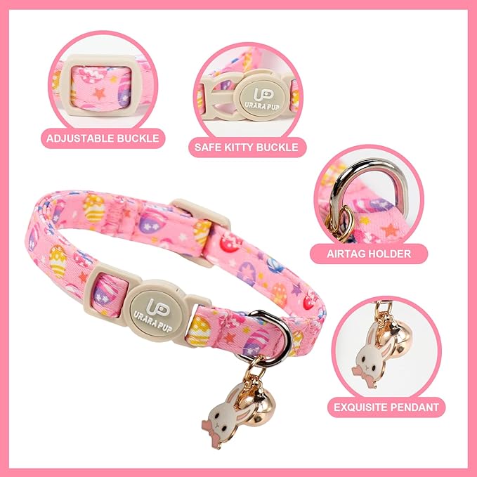 Cat Collar,2Pack Easter Day Cat Collars Cute Breakaway Kitty Collars,Spring Pink Easter Eggs Cat Collar with Bell, Cute Bunny Kitten Collars with Safety Buckle for Girl & Boy Cats