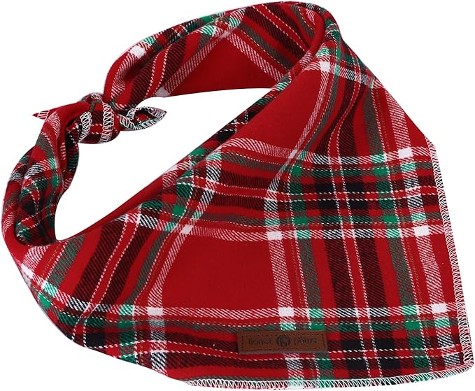 Lionet Paws Christmas Dog Bandana Washable Cotton Handkerchief Scarf Triangle Red Plaid Dog Bandanas for Medium Large Dogs Girl Boy