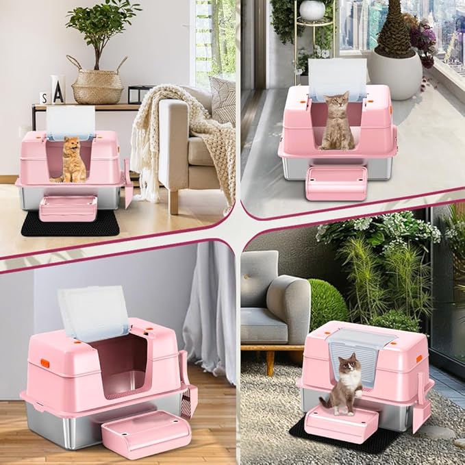 Vivifying Pink Stainless Steel Covered Cat Litter Box – Odor-Control, Easy-Clean Modular Enclosed Kitty Toilet, Elegant Design for Stylish Cat Moms