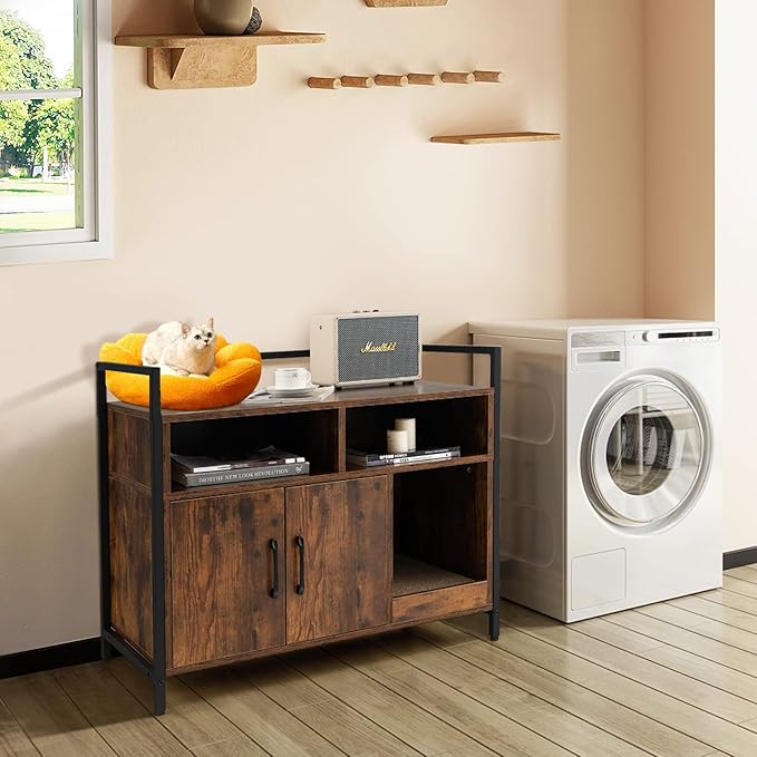 Giantex Cat Litter Box Enclosure - Cat Washroom Hidden Furniture with Front Entry, Scratcher, 2-Door Storage Cabinet, 2 Compartments, Air Vents, Metal Frame, Wooden Pet Crate House (Rustic Brown)