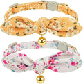 2 Pack Cotton Cat Collar, Removable Bowtie, Floral Pattern, Safety Breakaway Clasp, Adjustable for Cats.(Adult Cat, Yellow+White)