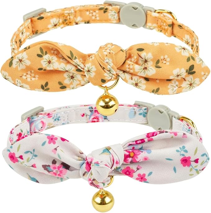 2 Pack Cotton Cat Collar, Removable Bowtie, Floral Pattern, Safety Breakaway Clasp, Adjustable for Cats.(Adult Cat, Yellow+White)