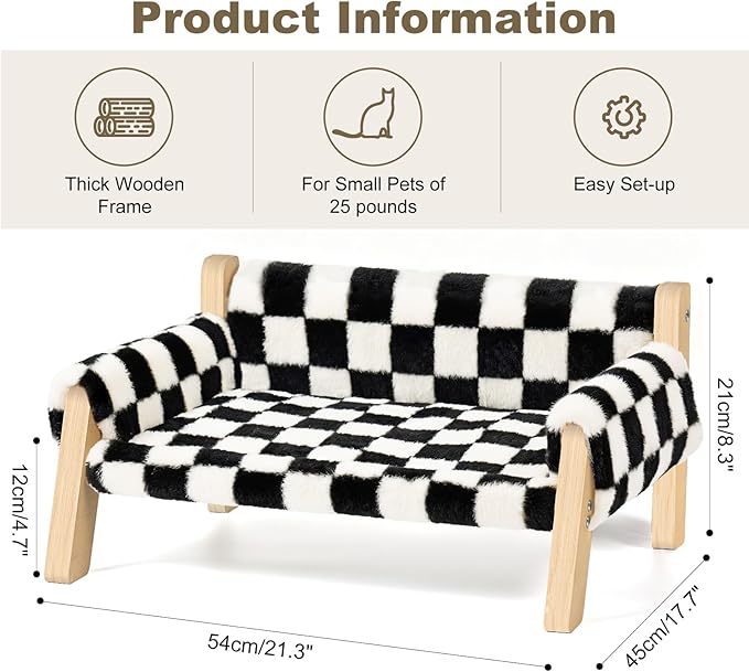 Elevated Cat Couch Bed for Indoor Cats - Wooden Pet Sofa with Removable Washable Thick Cover Raised Kitty Lounge Chair Suitable for Puppy or Small Animals(Cat Sofa Chessboard)