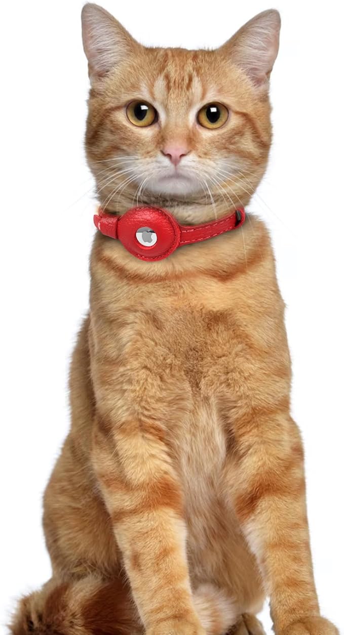 OOPSDOGGY Leather AirTag Cat Collar with Bell - Non Breakaway Kitten Collar with Apple Air Tag Holder - Lightweight GPS Pet Collars for Girl Boy Cats, Small Dogs, Puppies (Red)