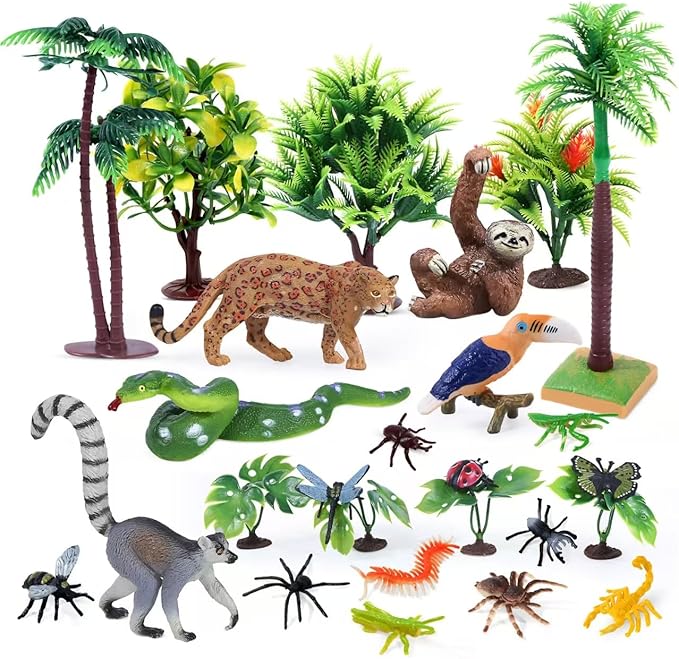 26Pcs Rainforest Animal Figures, Realistic Jungle Animals Toys with Snake Sloth Leopard Monkey Bird Insects Trees for Kids Educational Birthday Diorama Decoration Party Favor School Projects