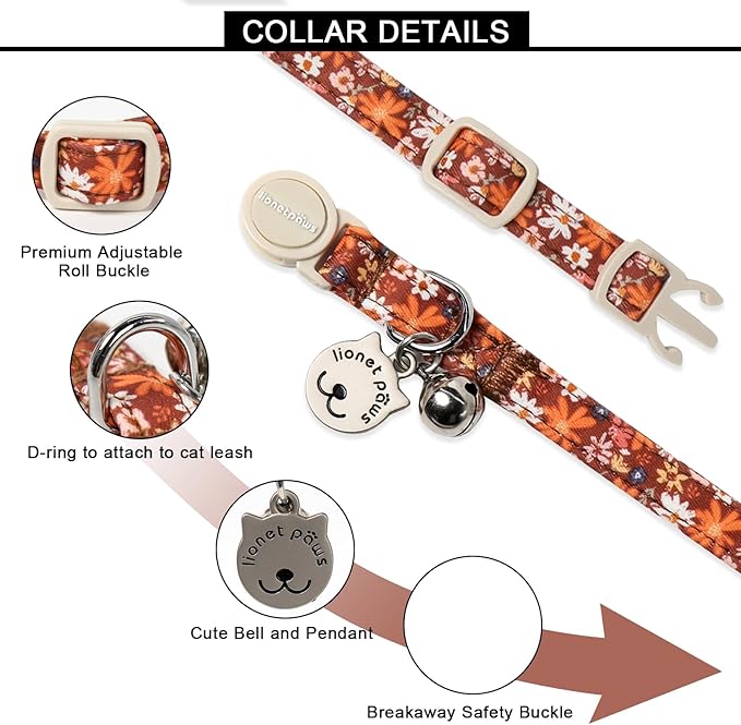 Lionet Paws 2pcs Pack Halloween Cat Collar,Brown Blossoms and Black Brown Grid with Breakaway Buckle,Cute Adjustable Cat Kitten Collar,Ideal for Girl Cats