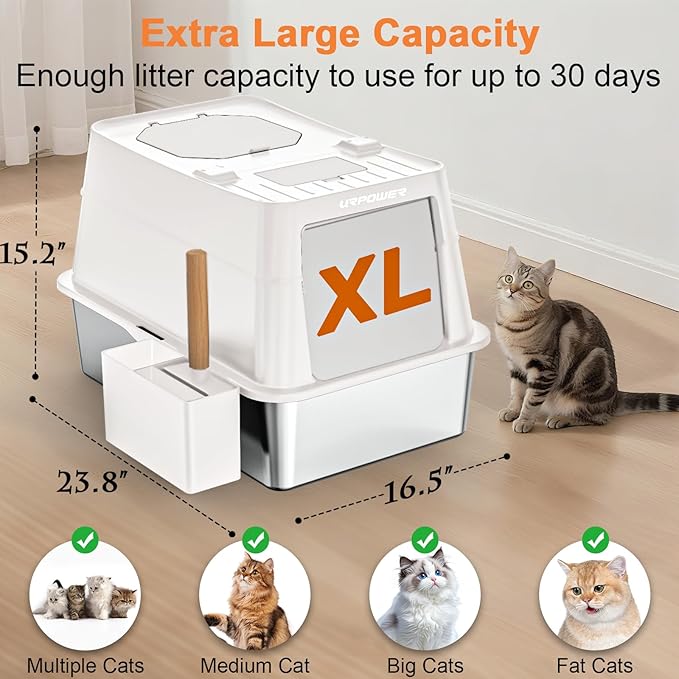 URPOWER Stainless Steel Cat Litter Box with Lid Extra Large Enclosed Litter Box for Cats Non-Sticky Metal Pan with High Sided Enclosure & Scoop, Front & Top Entry, Anti-Leakage, Easy Cleaning