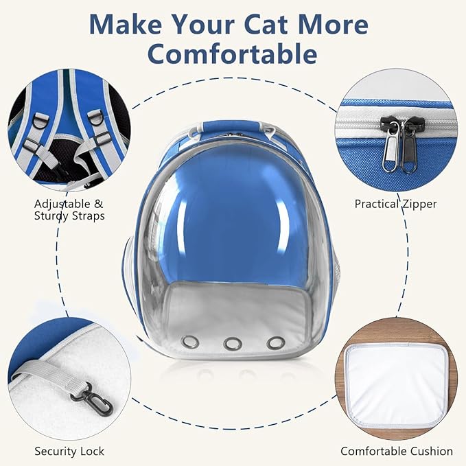 Cat Backpack Carrier Back Expandable Bubble Pet Carrier Backpack for Large Cat, Kitten and Dog, Designed for Hiking, Travelling and Outdoor Use (Back Expandable-Blue)