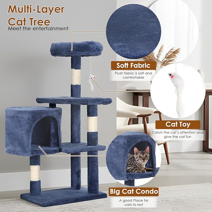 PayLessHere Cat Tree 36in Cat Tower with Cat Scratching Post, Cat Condo Stand House Furniture Kitty Activity Center with Furry Toys Cat Tree for Indoor Cats,Navy Blue