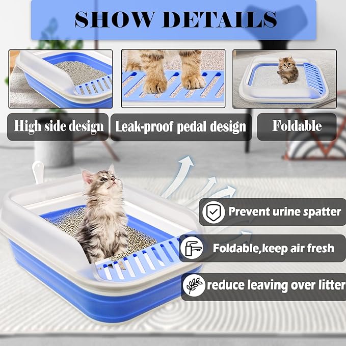 kathson Collapsible Kitten Litter Box,Foldable Anti-Splashing Small Kitty Litter Box Low Entrance Cat Potty Pan with Falling Sand Pedal Waterproof Portable Cat Toilet for Kittens (Blue)