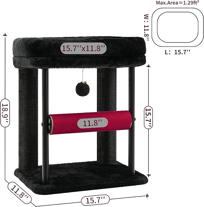Hey-brother Cat Tree, Cat Scratching Posts with Bed, Sturdy Tower with Fully Sisal-Wrapped Columns and Plush Toy Ball for Indoor Kittens, 18.9 inches, Black and Red MPJ010SBR