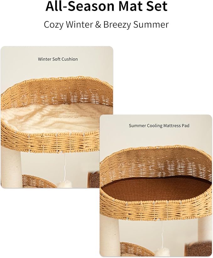 Wood Cat Tree for Large Cats, Modern Cat Tree Tower with Wide Shelves Cotton Scratching Posts, Super Sturdy Base, Cozy Perches, and Interactive Toys for Indoor Kittens