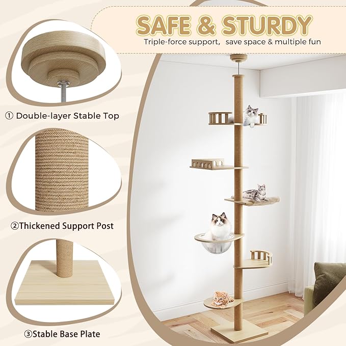 Erinnyees Cat Tree, Floor to Ceiling Cat Tree Height (86-105 in) Adjustable Cat Tower 6 Tier Hemp Scratching Post Cats Activity Center Removable Washable Pads