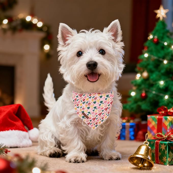 Christmas Dog Bandana–Pink Christmas Tree Triangle Scarf for Small Medium Large Dogs, Soft Cotton Pet Bib for Winter & New Year, Adjustable Dog Kerchief