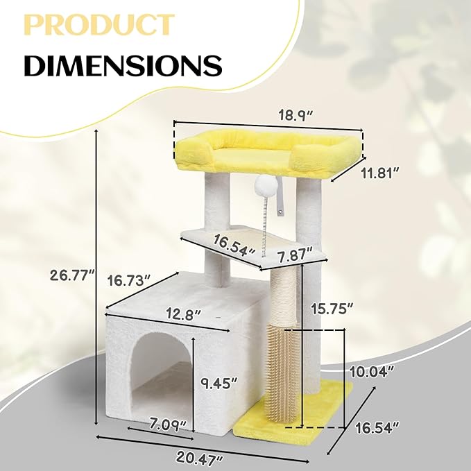 VINGLI Cat Tree, 27 inch Small Cat Tower with Scratching Post and Pad, Cat Condo for Indoor Kittens Padded Top Bed, Cats Indoor Activity Center (Yellow & White)