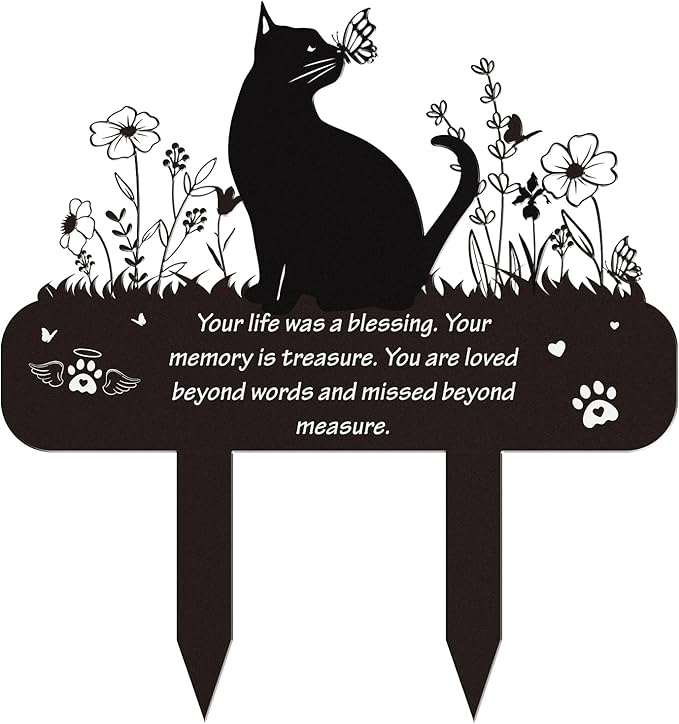 Pet Cat Memorial Grave Markers - Rngmsi Flowers Butterfly Cat Metal Garden Stakes Grave Decorations for Cemetery Pussy Memorial Stones Plaques for Outdoors