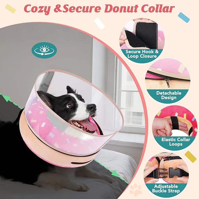 Inflatable Dog Cone with Anti-Licking Clear Shield, Protective Dog Donut Collar After Surgery, Adjustable Soft Recovery Cone for Pets, Alternative Collar with Buckle Strap (Pink, L)
