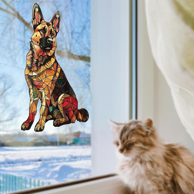 German Shepherd Window Hanging Decor Suncatcher Dog ，Stain Acrylic Window Ornament Animal Memorial Gifts Handcrafted Sun Catchers Decor for Indoor Outdoor Garden (German Shepherds)