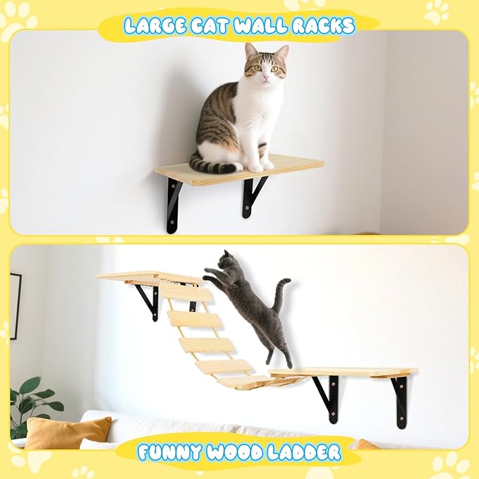 Cat Wall Shelves - Set of 4 Cat Wall Furniture, Curved Cats Shelves and Bridge Ladder & 2 Steps for for Sleeping, Playing, Climbing, and Lounging Modern Furniture for Cats