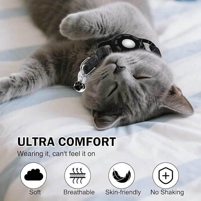 Airtag Cat Collar Breakaway, Stretchy Cat Tracker Collar with Apple Air Tag Holder for Boy Girl Cats, Elastic GPS Tracking Collars for Kittens and Puppies, Adjustable 9"-12" Black