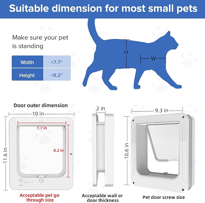 Smart Cat Door for Interior & Exterior, Cat Pet Door with 3 Collar Sensor Keys & 1 Remote Control & 4 Way Locking Cat Flap with RFID Collar Activated Opening