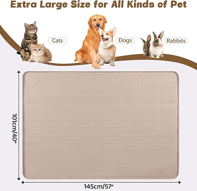 Cat Food Mat, 57" x 40" Extra Large Silicone Pet Feeding Mat with Raised Edge Pet Placemat for Food and Water Bowl Non-Slip, Easy to Clean, Floor Protection (Khaki)