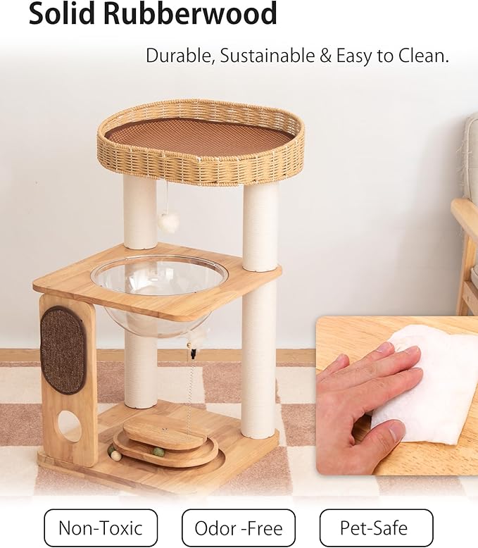 Wood Cat Tree for Large Cats, Modern Cat Tree Tower with Wide Shelves Cotton Scratching Posts, Super Sturdy Base, Cozy Perches, and Interactive Toys for Indoor Kittens 31-Inch