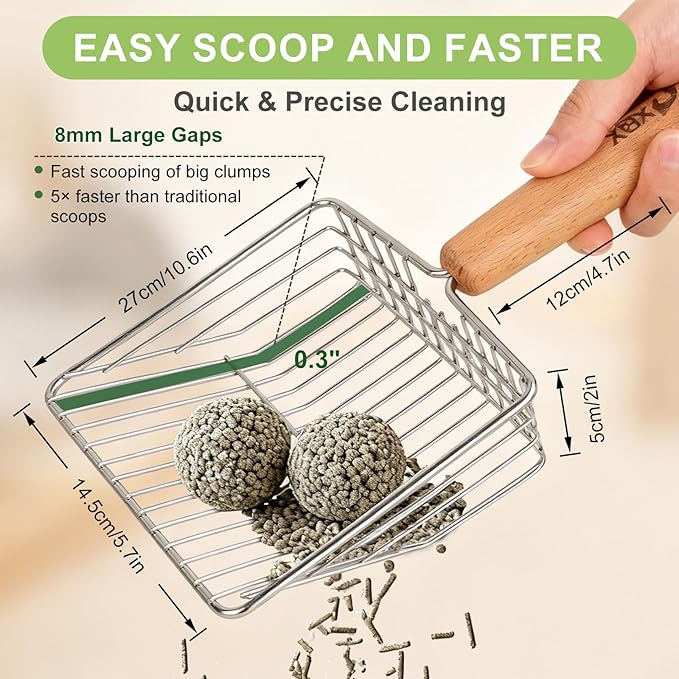 XBX Cat Litter Scoop with Holder, Sturdy Stainless Steel Litter Scooper, Wide Gap Litter Shovel with Beech Wood Handle for Easy Daily Litter Box Cleaning