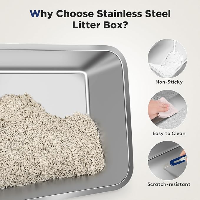 FURTIME Stainless Steel Litter Box with Lid for Kitty, Metal Enclosed Cat Litter Box for Small Cats, Kitten Cat Box with High Sided Enclosure & Scoop, Odor Free, Anti-Leakage, Grey