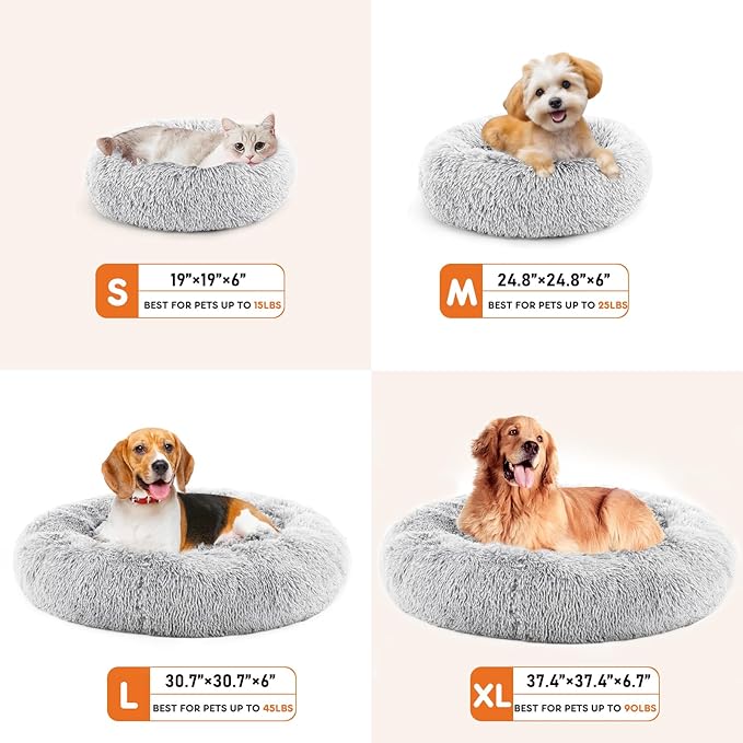 Sweetcrispy Donut Dog Bed, Large Round Calming Cat Bed with Washable Waterproof Cushion, Anti-Anxiety & Anti-Slip Fluffy Cuddle Cozy Faux Fur Plush for Pet Puppy Indoor Sleeping (30.7"x30.7", Gery)
