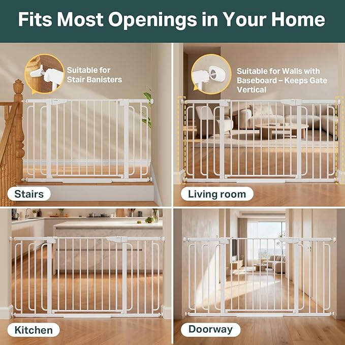 Cumbor 36.6-59" Extra Wide Baby Gate for Stairs, Pressure Mounted Dog Gate for Doorways, Auto-Close Easy Walk Through Safety Child Gate for Kids Toddler, Tall Pet Gates Indoor, White