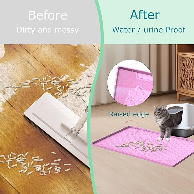 Cat Litter Mat, Silicone Large Cat Mat for Litter Box - 40x28 in, Waterproof & Non-Slip, Durable & Easy Clean, Pink
