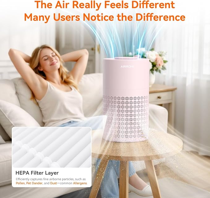 AIRROMI Air Purifier for Bedroom with HEPA 3-in-1 Filter, Pet Air Purifier for Home Cat Pee Smell, Covers Upto 990 Ft², Quiet 360° intake Air Cleaner for pet hair,allergies,Dust,Smoke A2001 Pink