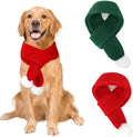 BWOGUE 2-Piece Knitted Dog Christmas Scarf & Bandana with White Pom Pom for Medium/Large Dogs - Winter Warm Holiday Pet Costume Accessory (Red, Green)