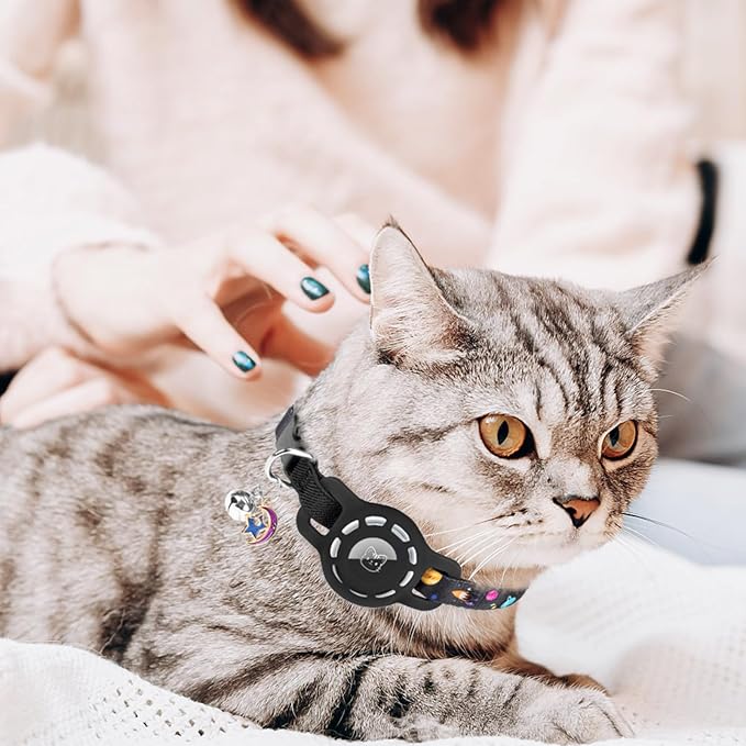 BINGPET AirTag Cat Collar with Bells, Upgraded Safety Elastic Cat Collar with Airtag Cat Collar Holder, Anti-Lost Cat Collars for Girl Boy Cats, Anti-Suffocation Kitty Puppy Collars