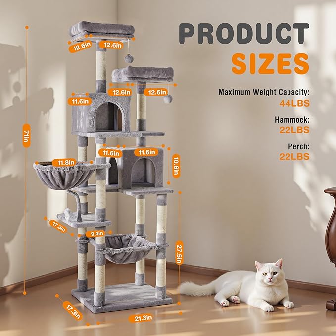 Sweetcrispy 71 inch Cat Tree Tower, Large Multi Level Cat Climbing Tower with Condo, Natural Sisal Scratching Posts, Platform, Hammock, Basket, Tall Pet Tree House for Indoor Cats Play, Light Grey
