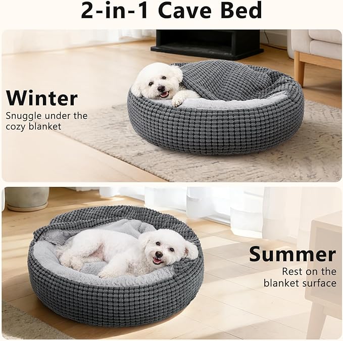 SIWA MARY Dog Bed with Attached Blanket for Small Dogs or Cats, Soft Plush Cozy Donut Cuddler Hooded Pet Beds Washable. Round Puppy Bed Orthopedic, Calming Cat Cave Bed. Anti-Slip Bottom 26inch
