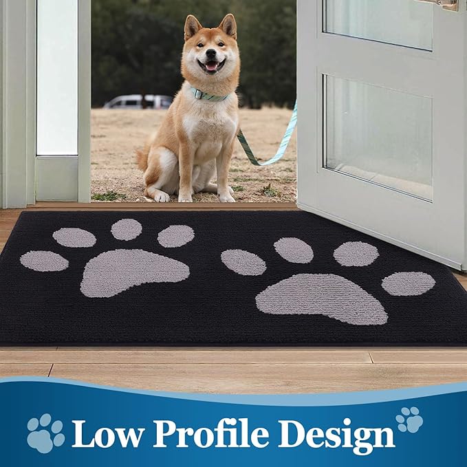 Buganda Dog Door Mat for Muddy Paws, Absorbent Dirt Trapper Washable Indoor Doormats, Non Slip Low-Profile Mud Mat for Dogs, Front Entrance Doormat for Inside Floor (59x35 Inches, Black and Grey)