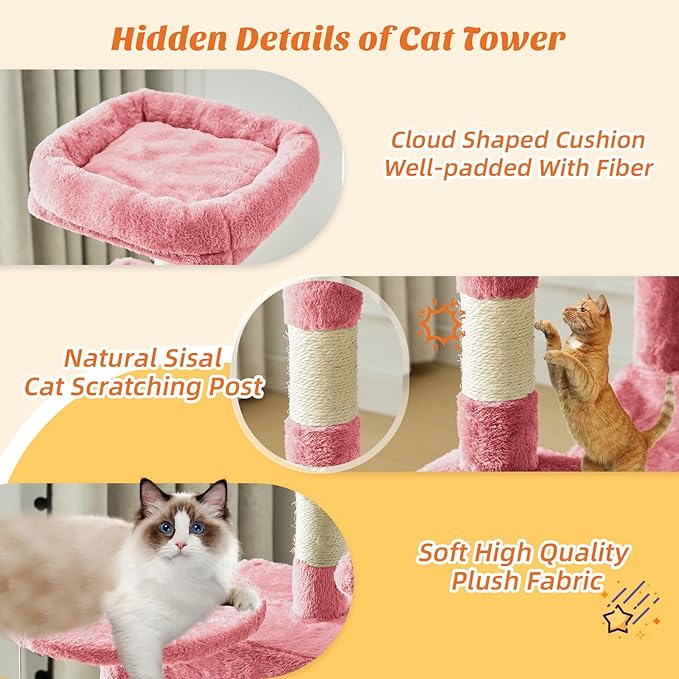 DUMOS Small 44 Inch Cat Tree Tower, Cat Climbing Tower with Natural Sisal Scratching Posts, Hammock, Pet Condo for Indoor Cats and Kittens Play, Pink